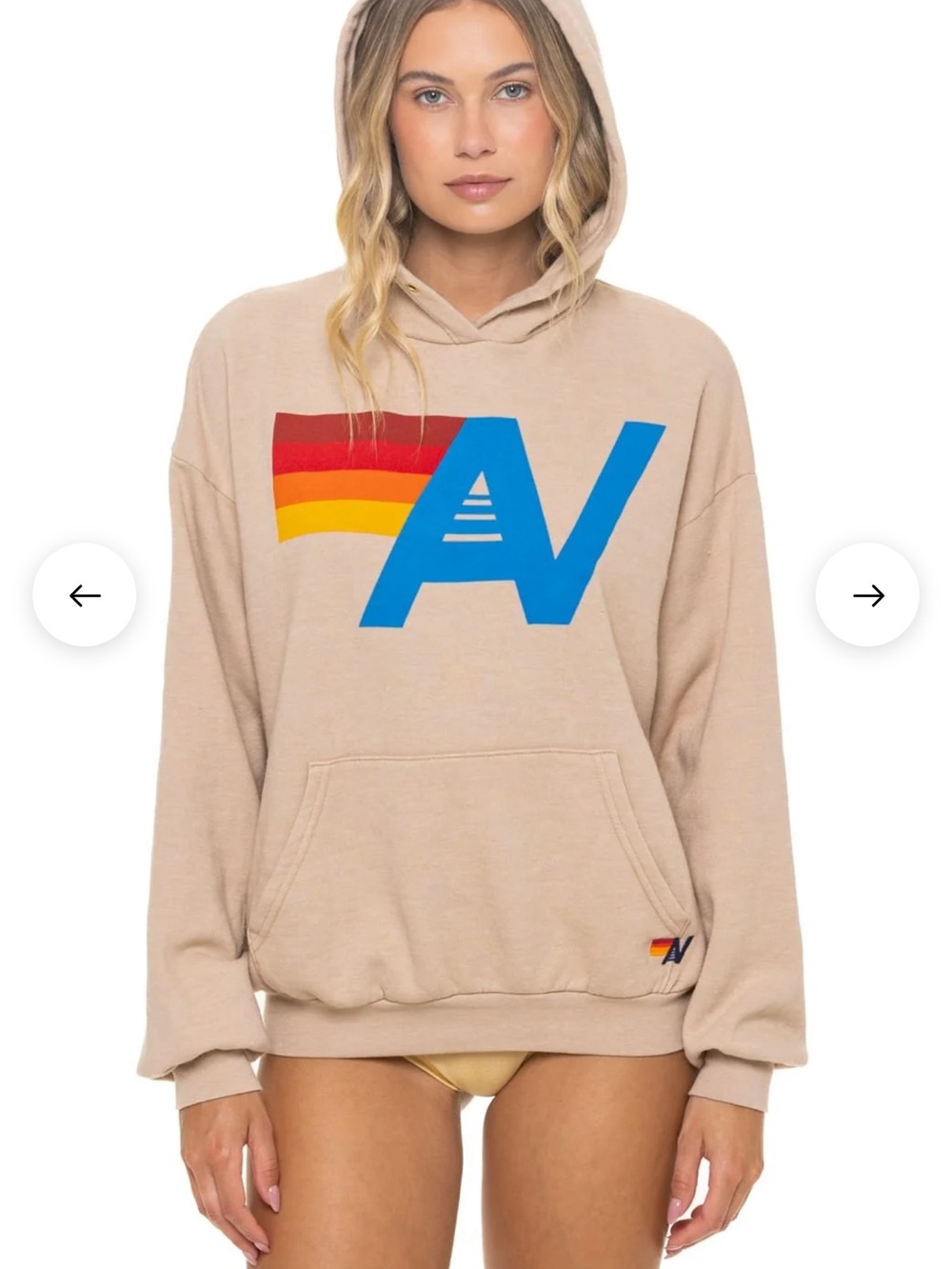 Aviator Nation Beige Hoodie with Blue 'A' and Red-Orange-Yellow Stripe - Picture 2 of 3